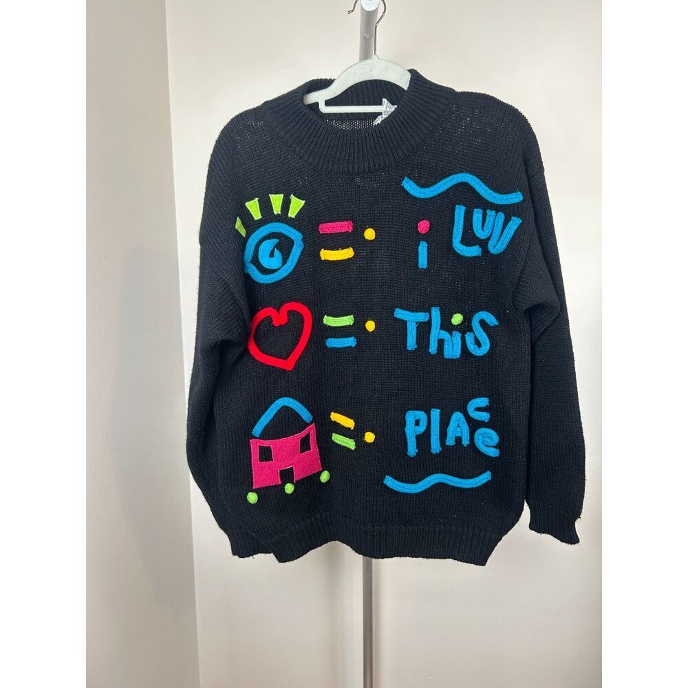 Vintage 80's Gitano 3D Knit Black Sleeve Sweater Luv Place Colorful Pullover L - Picture 1 of 5